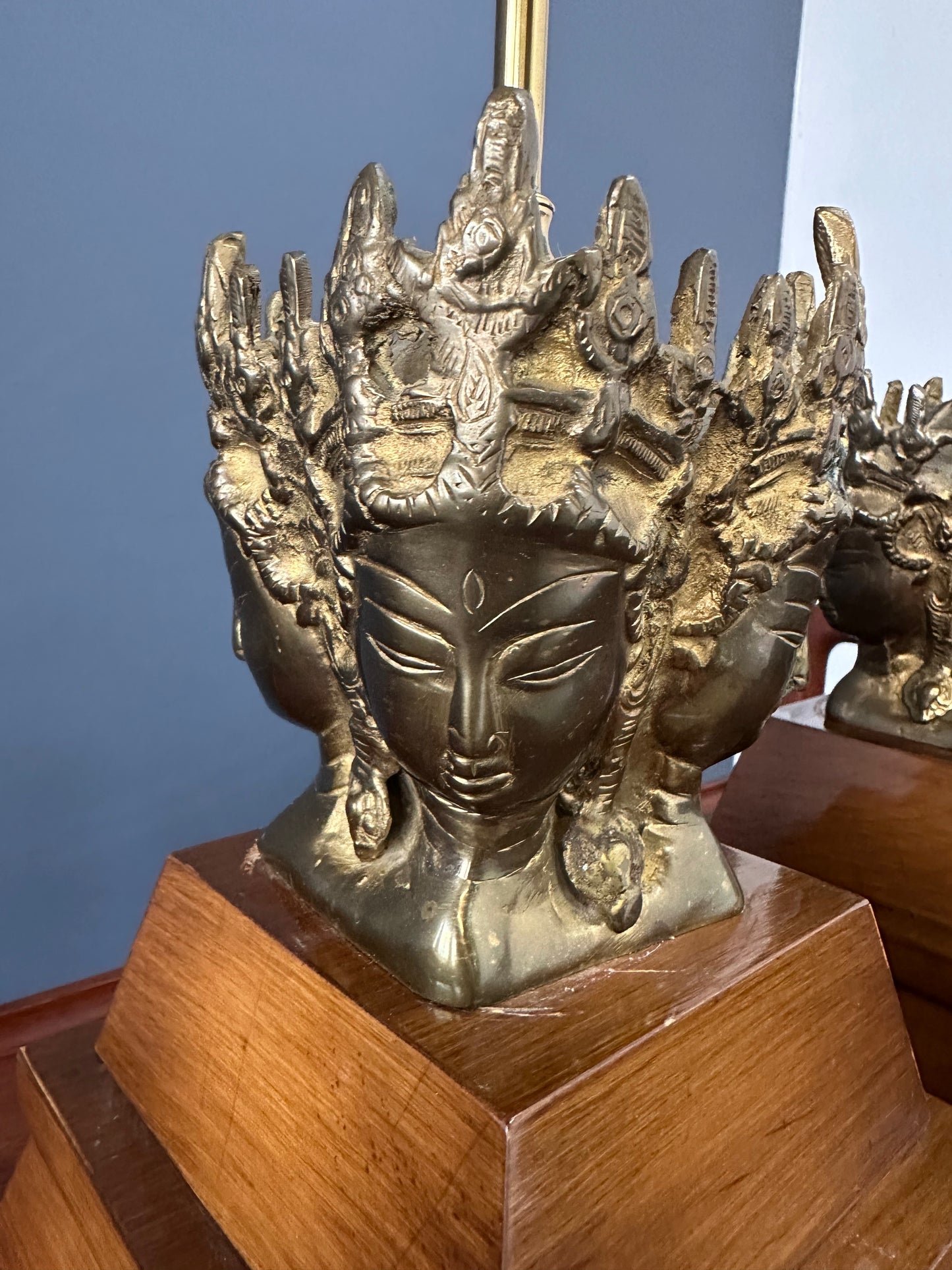 Pair of Mid-Century Marbro Brass and Mahogany Table Lamps with Asian Influenced Design
