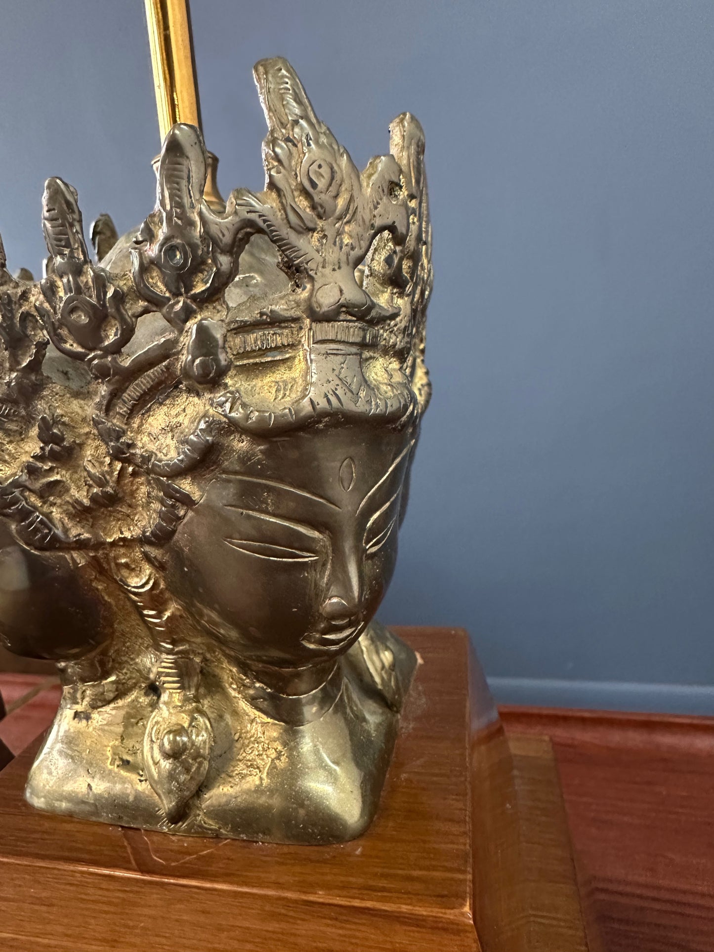 Pair of Mid-Century Marbro Brass and Mahogany Table Lamps with Asian Influenced Design
