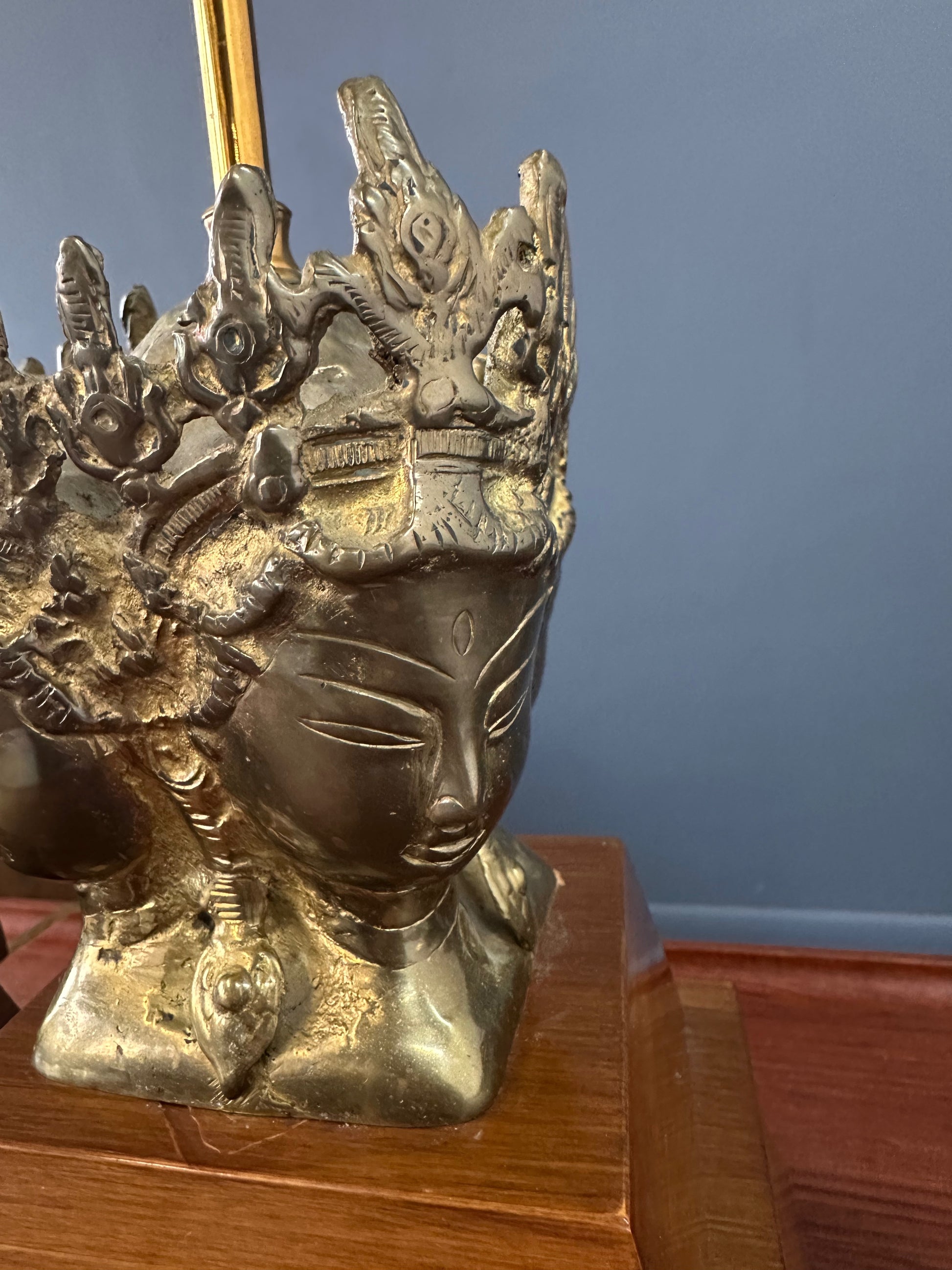 Pair of Mid-Century Marbro Brass and Mahogany Table Lamps with Asian Influenced Design
