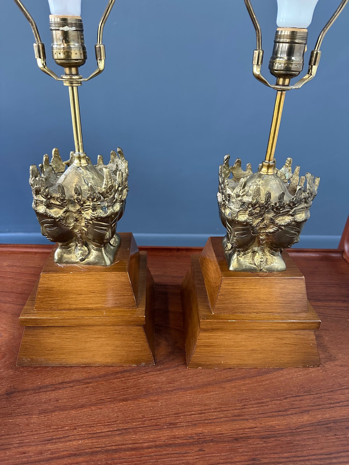 Pair of Mid-Century Marbro Brass and Mahogany Table Lamps with Asian Influenced Design
