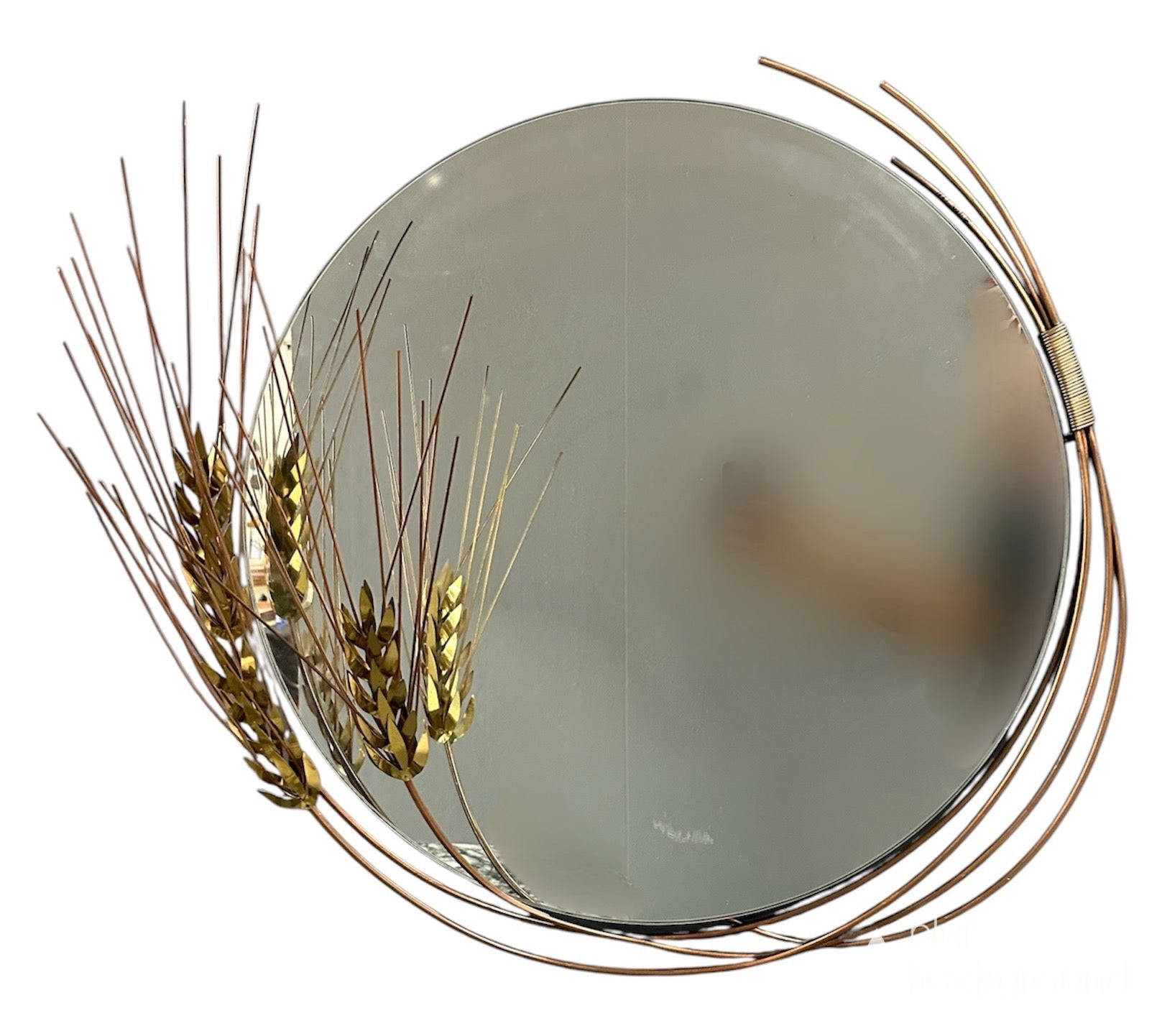 Vintage 1981 Curtis Jere round wall mirror with brass wheat stalk design, mid-century modern decor
