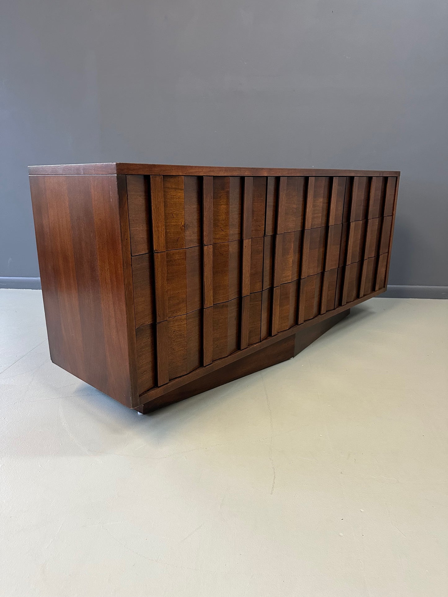 SOLD – 1970s Lane Brutalist Nine Drawer Dresser Mid Century