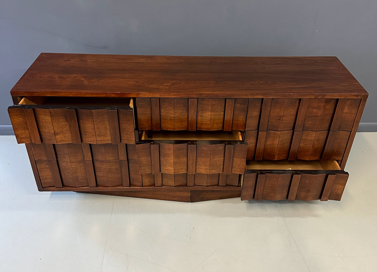 SOLD – 1970s Lane Brutalist Nine Drawer Dresser Mid Century