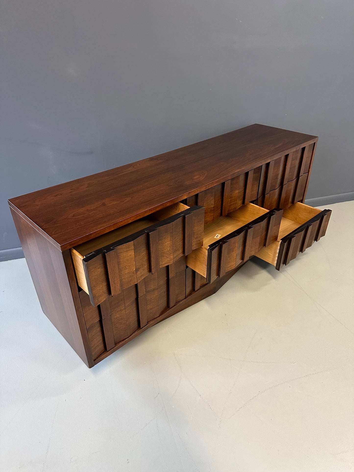SOLD – 1970s Lane Brutalist Nine Drawer Dresser Mid Century