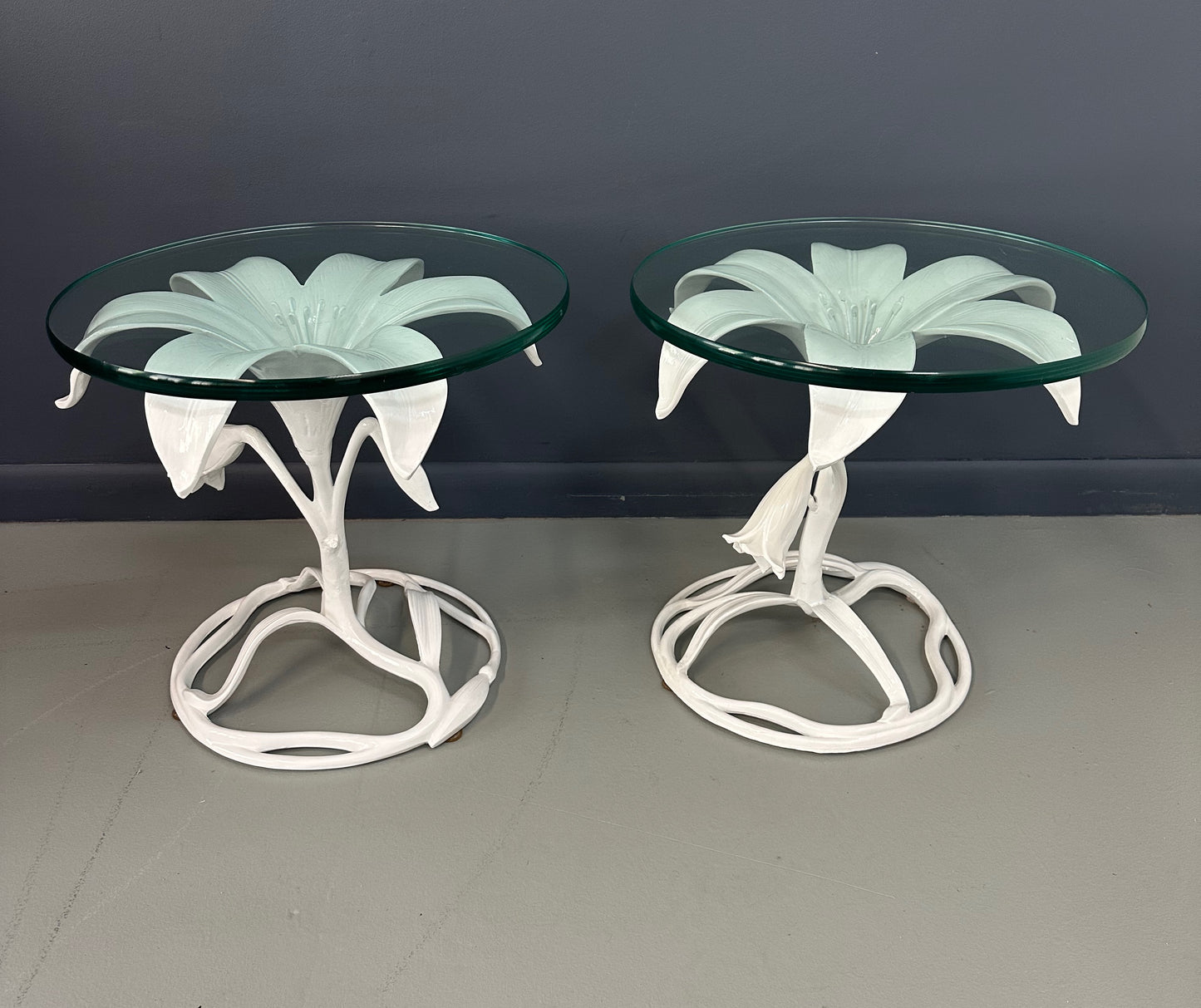 Vintage 1960s Arthur Court style white metal floral side tables with glass tops, mid-century modern design