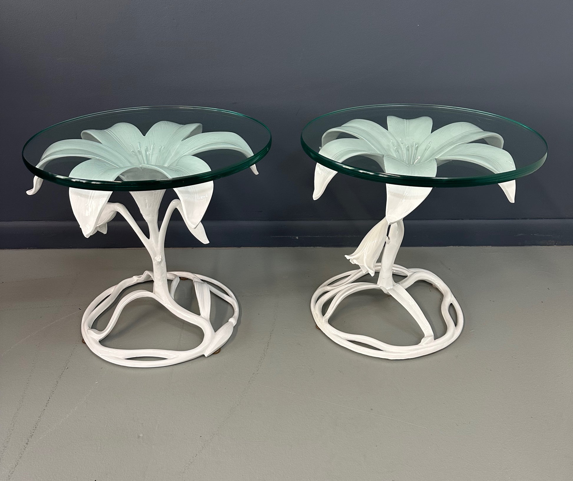 Vintage 1960s Arthur Court style white metal floral side tables with glass tops, mid-century modern design