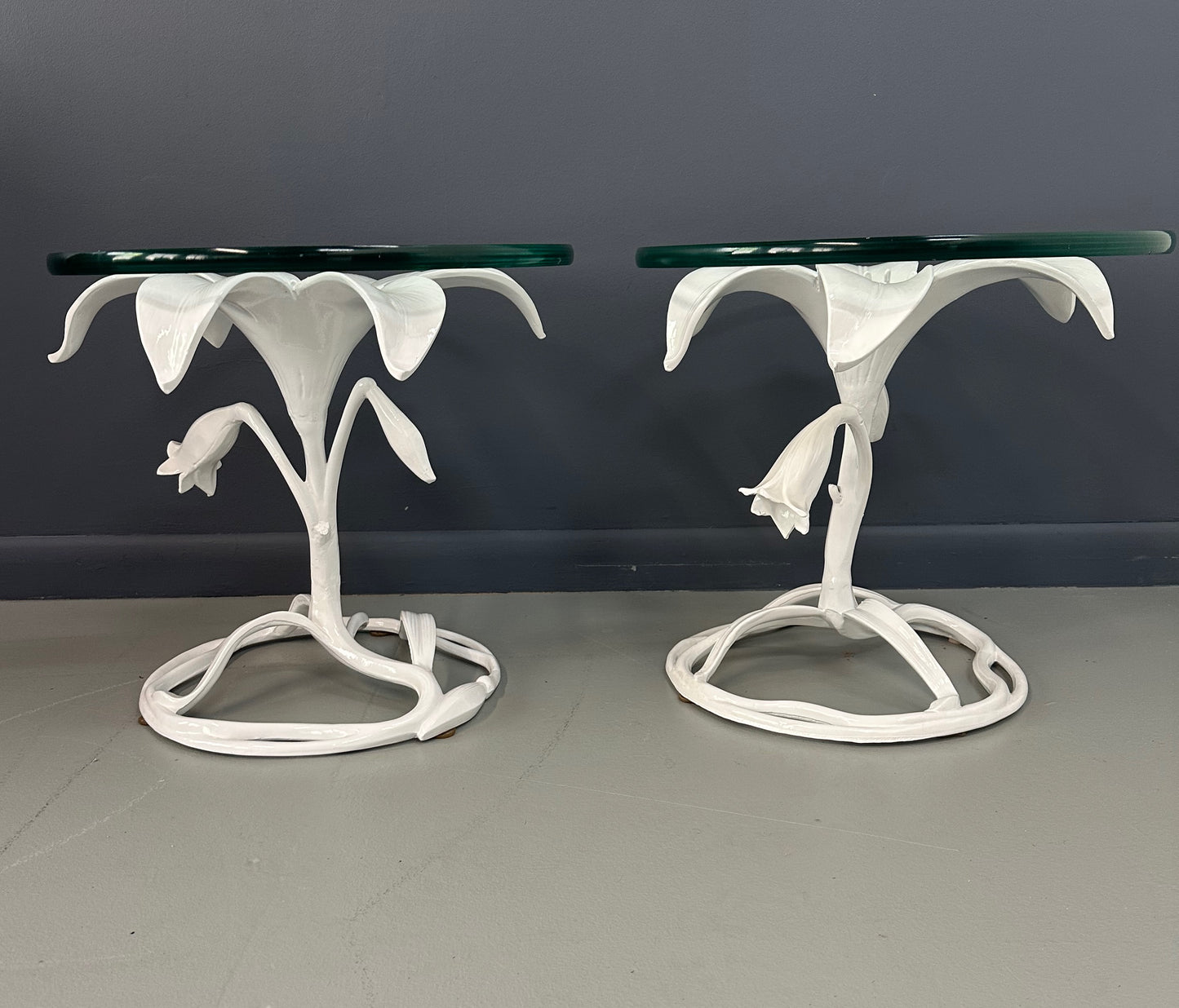 Vintage 1960s Arthur Court style white metal floral side tables with glass tops, mid-century modern design