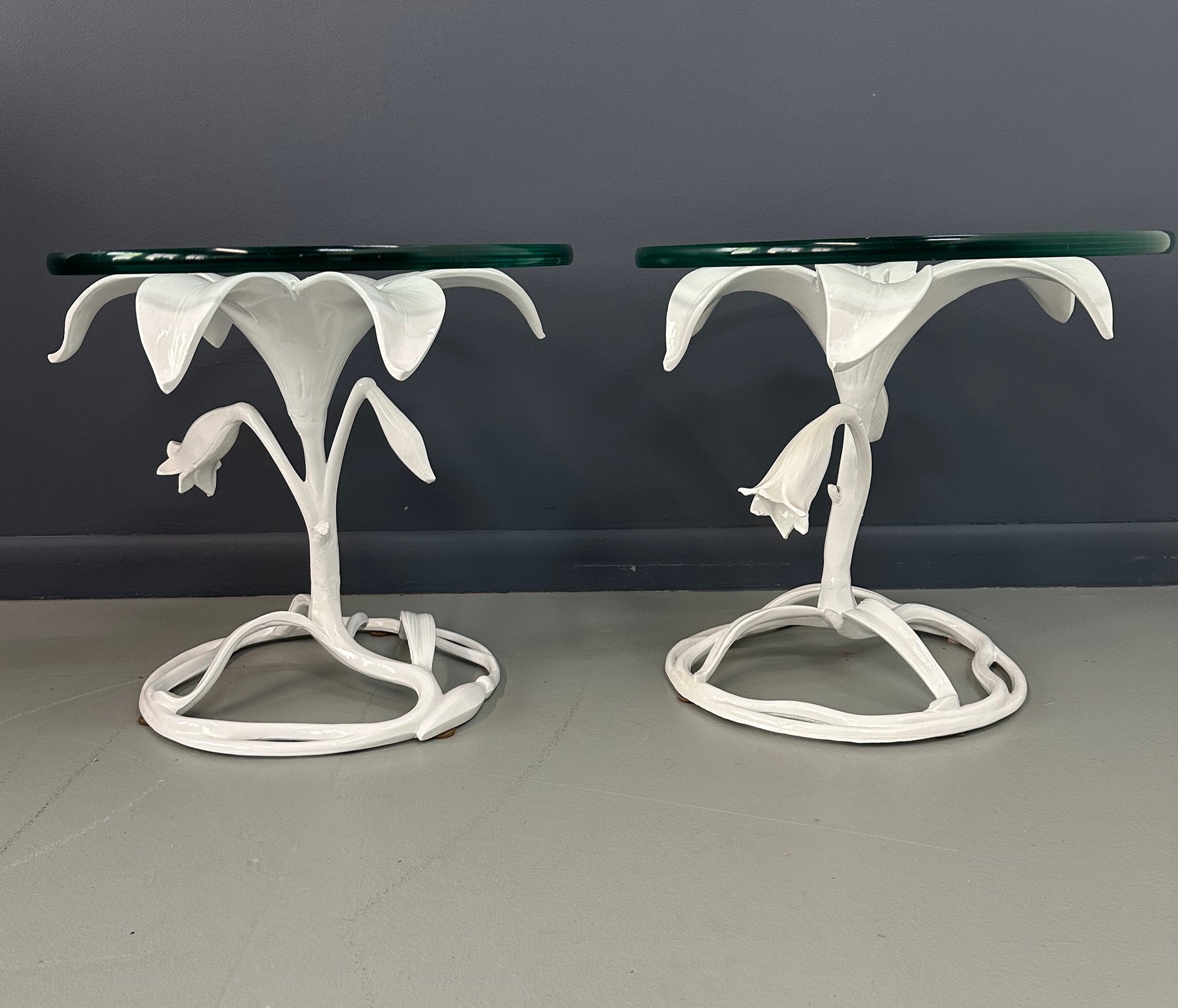 Vintage 1960s Arthur Court style white metal floral side tables with glass tops, mid-century modern design