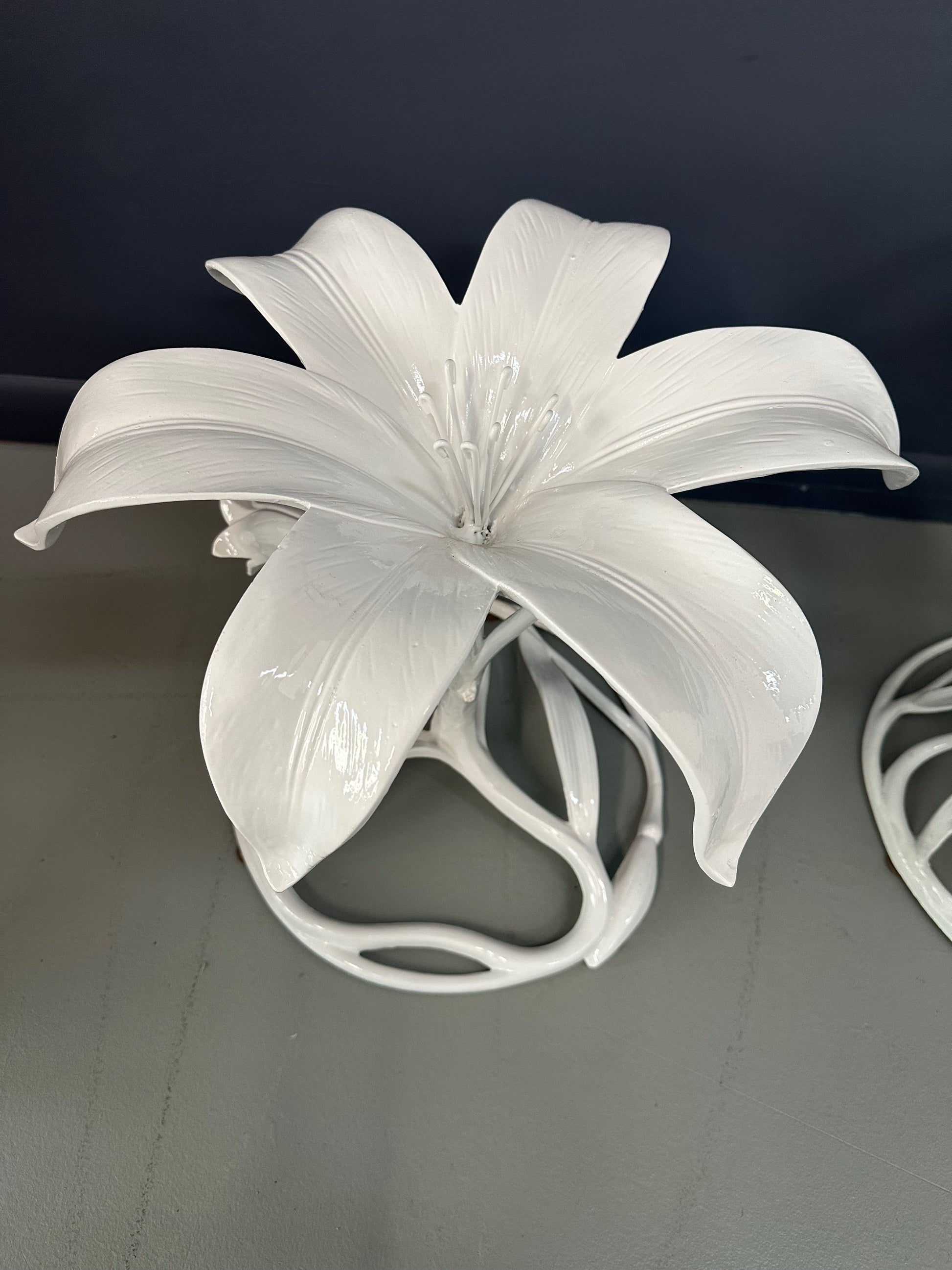 Vintage 1960s Arthur Court style white metal floral side tables with glass tops, mid-century modern design