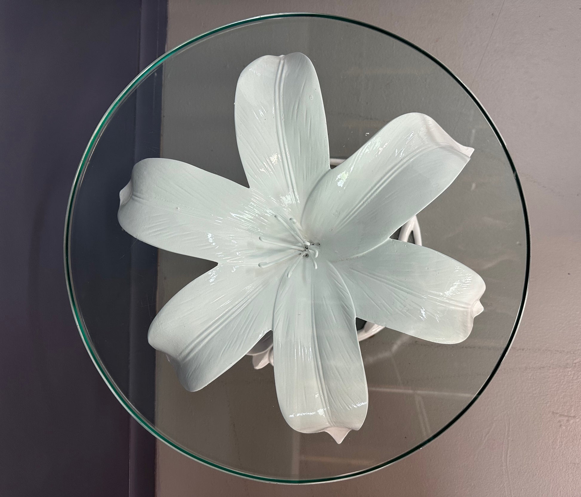 Vintage 1960s Arthur Court style white metal floral side tables with glass tops, mid-century modern design