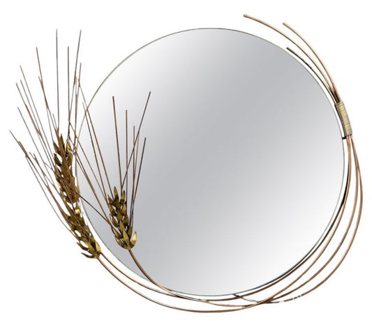 Vintage 1981 Curtis Jere round wall mirror with brass wheat stalk design, mid-century modern decor
