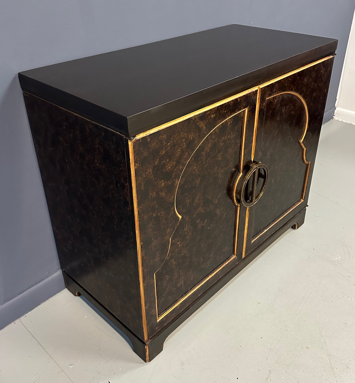 1970s faux tortoise shell cabinet by John Widdicomb, Mid-Century modern commode
