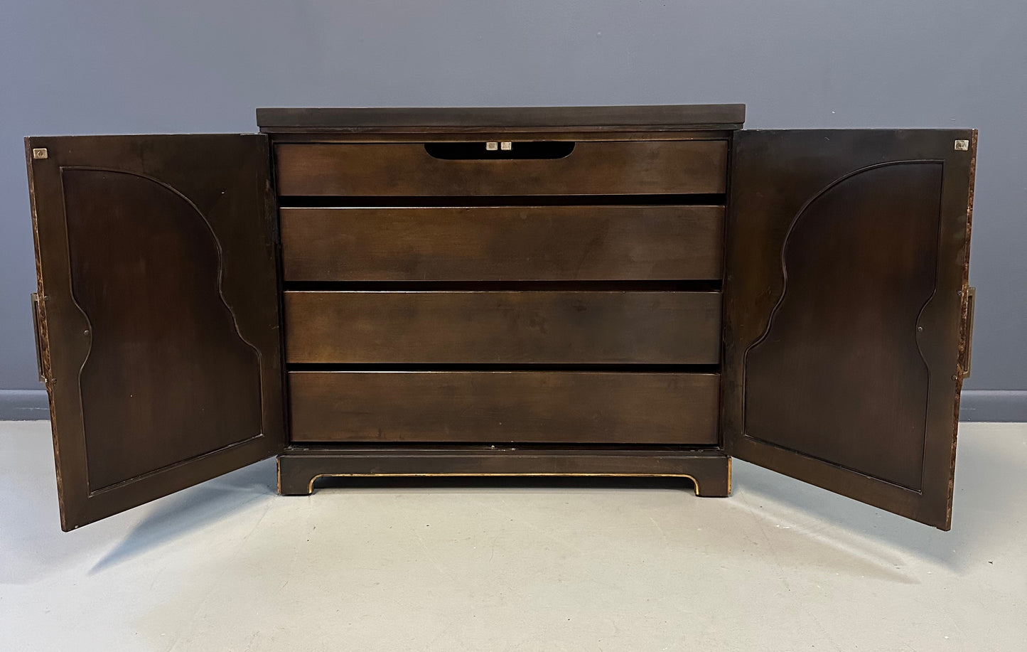 1970s faux tortoise shell cabinet by John Widdicomb, Mid-Century modern commode
