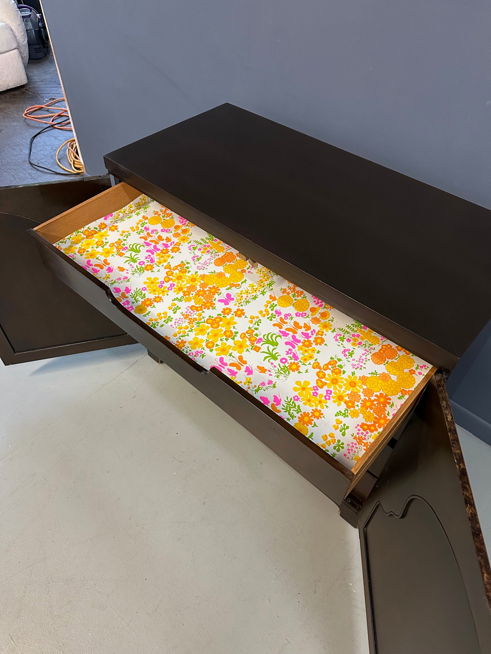 1970s faux tortoise shell cabinet by John Widdicomb, Mid-Century modern commode
