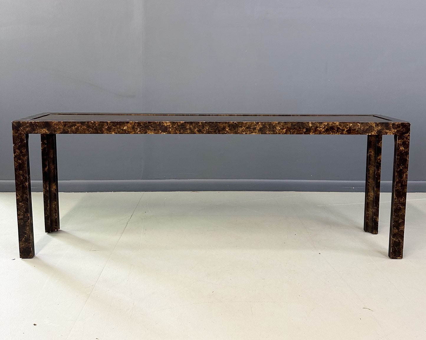 John Widdicomb Faux Tortoise Shell Console Table with Patinated Brass Top