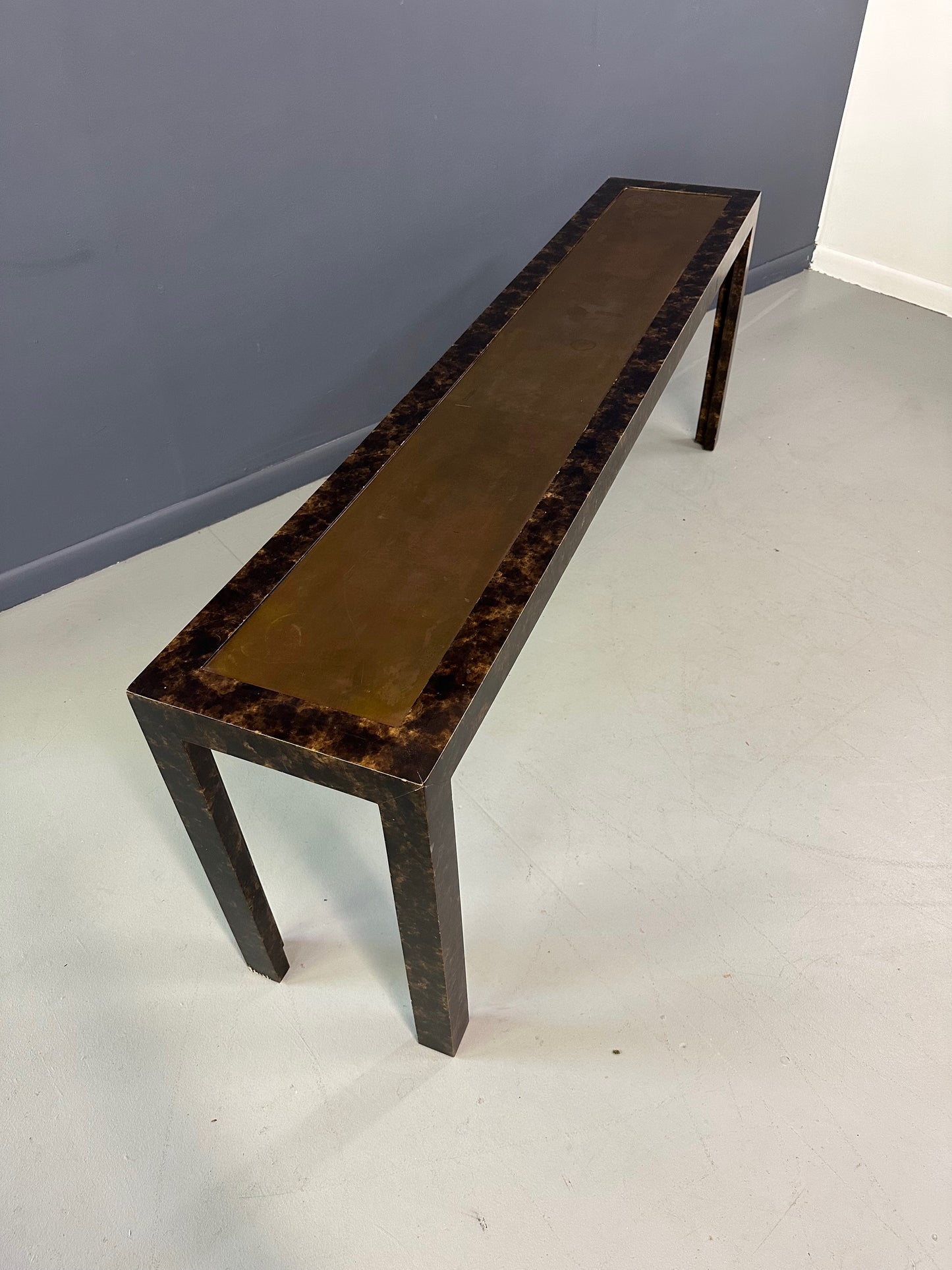 John Widdicomb Faux Tortoise Shell Console Table with Patinated Brass Top