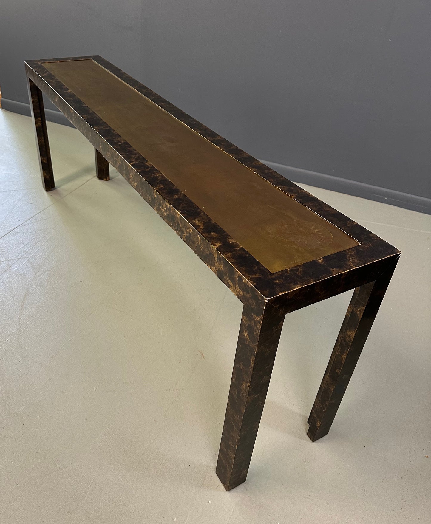 John Widdicomb Faux Tortoise Shell Console Table with Patinated Brass Top