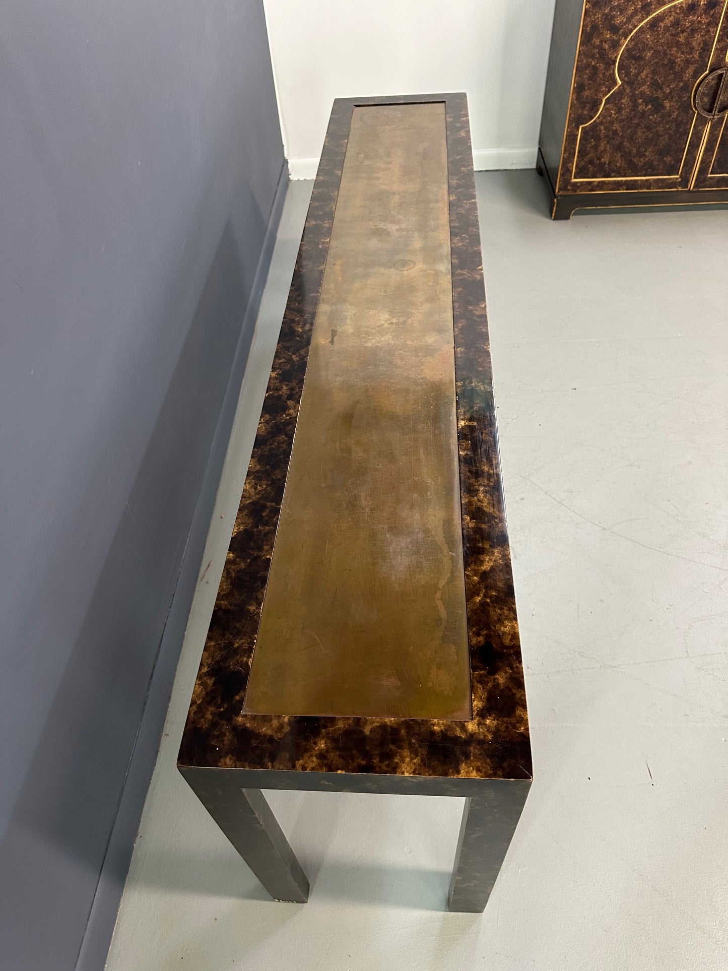 John Widdicomb Faux Tortoise Shell Console Table with Patinated Brass Top