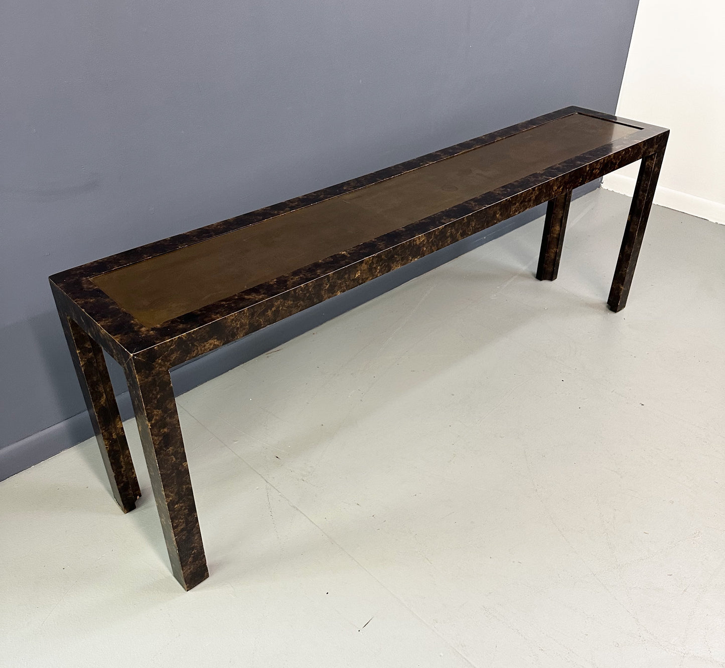 John Widdicomb Faux Tortoise Shell Console Table with Patinated Brass Top