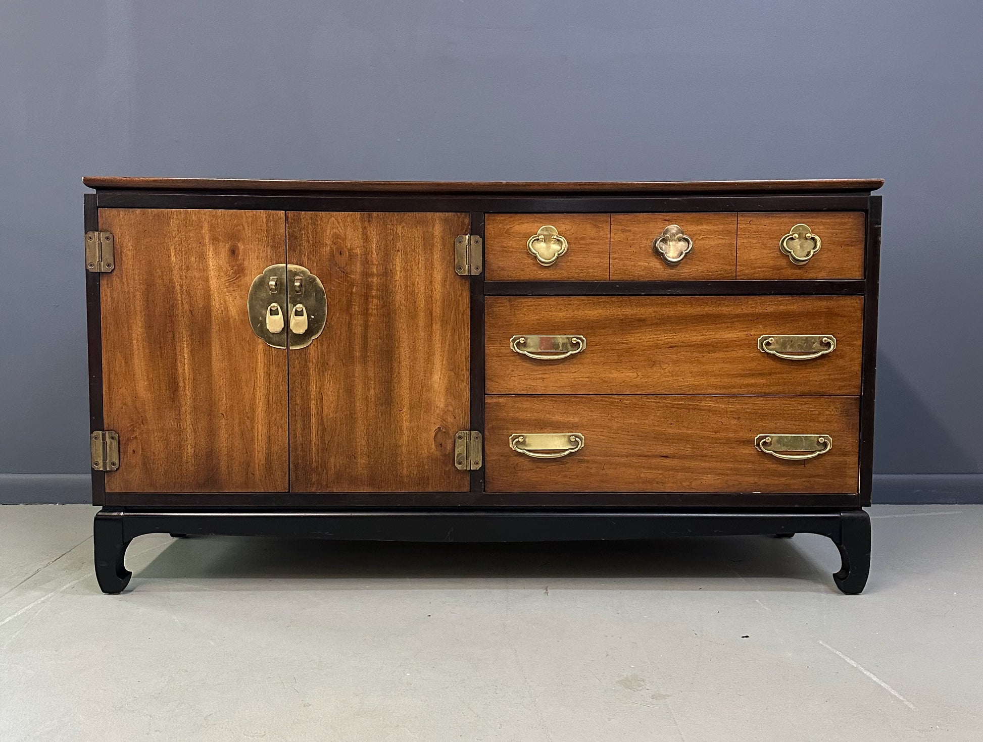 1970s Lane Asian-inspired credenza with brass hardware, mid-century modern design, and walnut wood drawers—vintage MCM sideboard or media console
