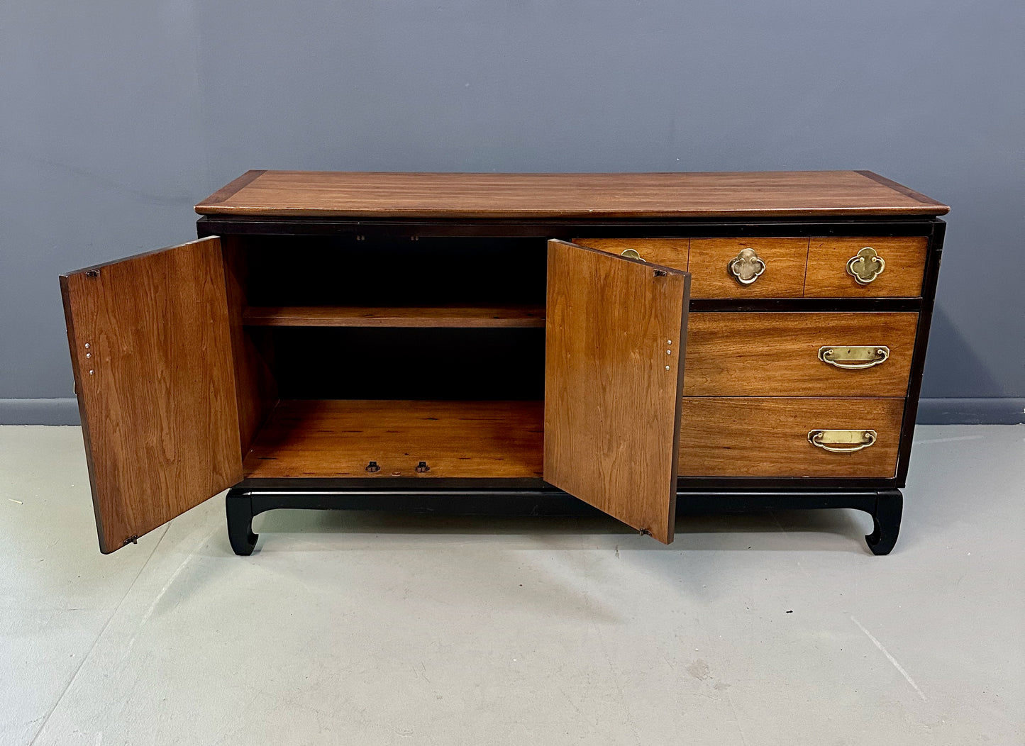 1970s Lane Asian-inspired credenza with brass hardware, mid-century modern design, and walnut wood drawers—vintage MCM sideboard or media console