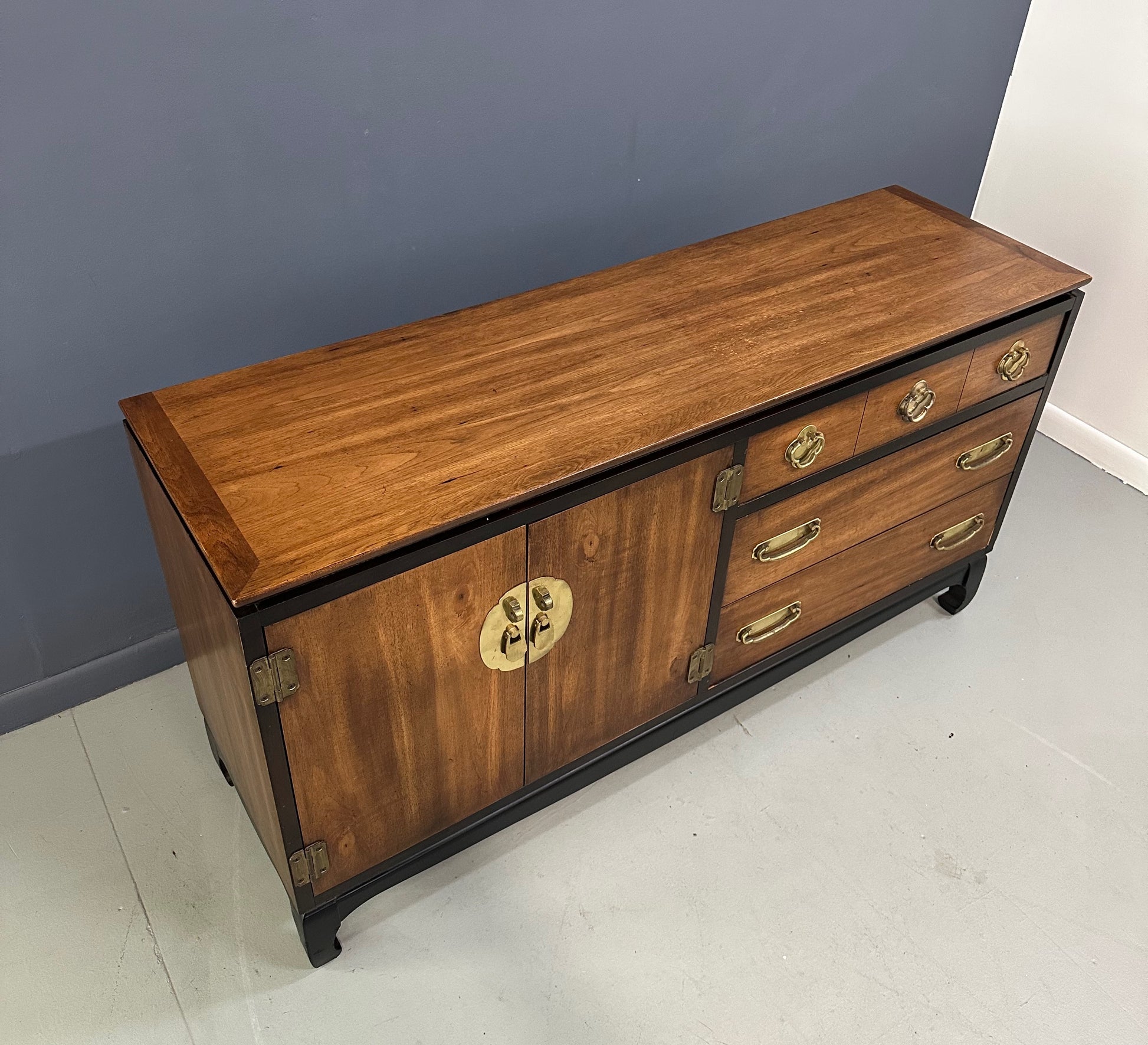 1970s Lane Asian-inspired credenza with brass hardware, mid-century modern design, and walnut wood drawers—vintage MCM sideboard or media console