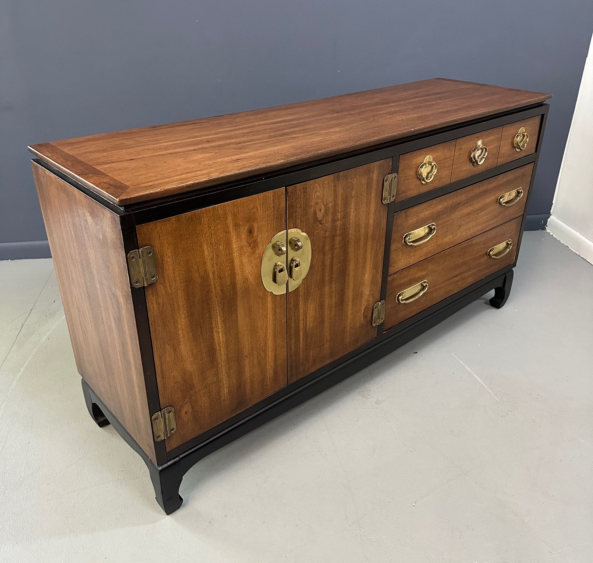 1970s Lane Asian-inspired credenza with brass hardware, mid-century modern design, and walnut wood drawers—vintage MCM sideboard or media console