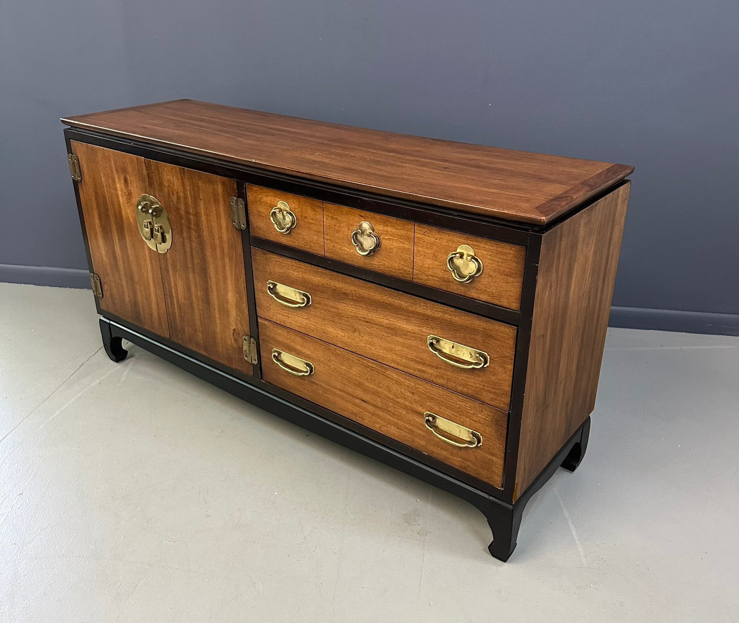 1970s Lane Asian-inspired credenza with brass hardware, mid-century modern design, and walnut wood drawers—vintage MCM sideboard or media console