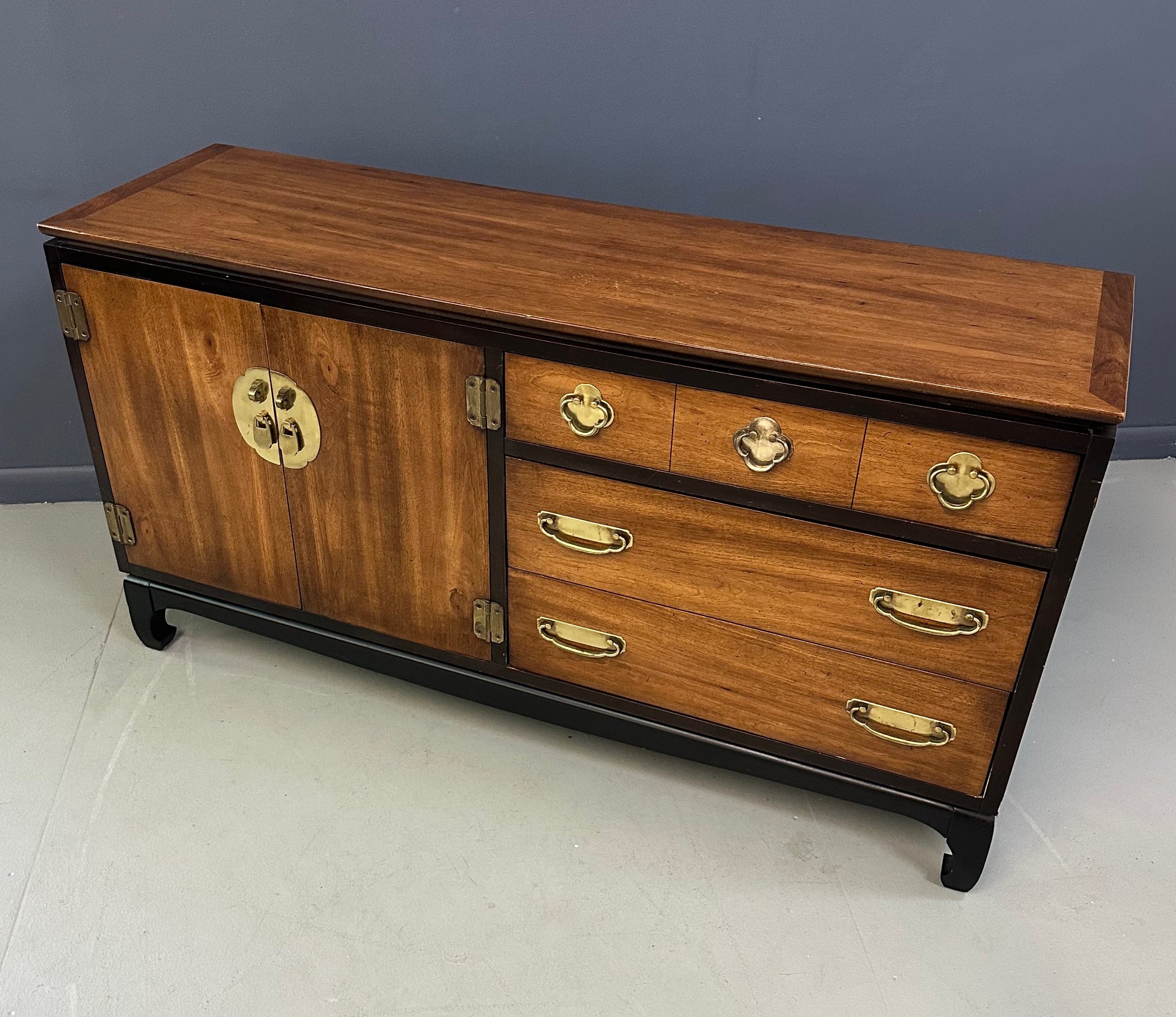 1970s Lane Asian-inspired credenza with brass hardware, mid-century modern design, and walnut wood drawers—vintage MCM sideboard or media console