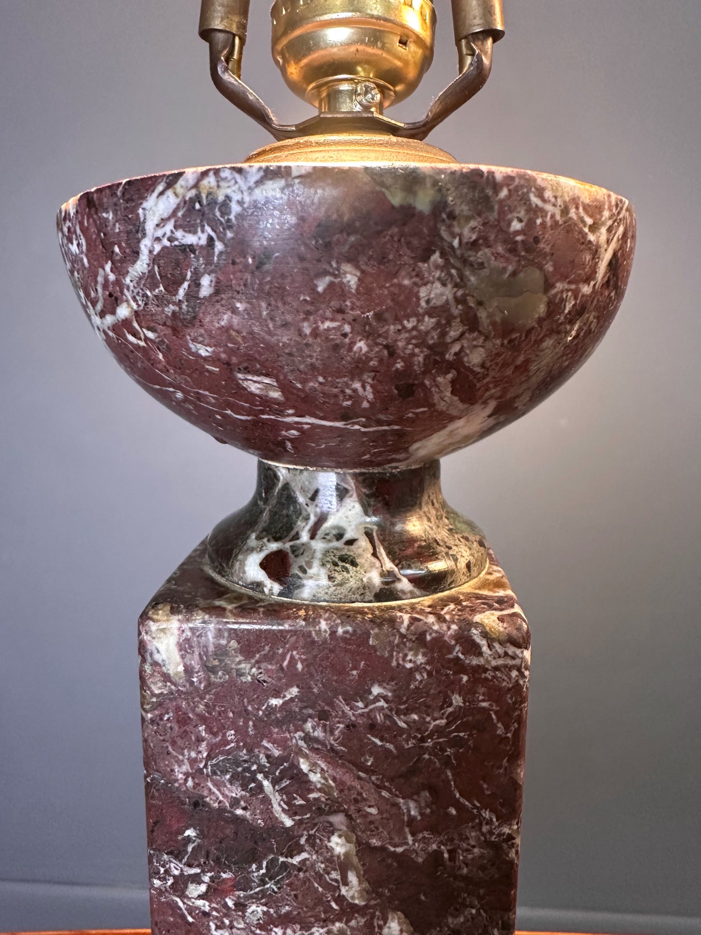 Pair of antique 19th-century French table lamps with Rouge de Rance red marble column bases, brass hardware, neoclassical design—vintage lighting for traditional home décor or luxury interiors