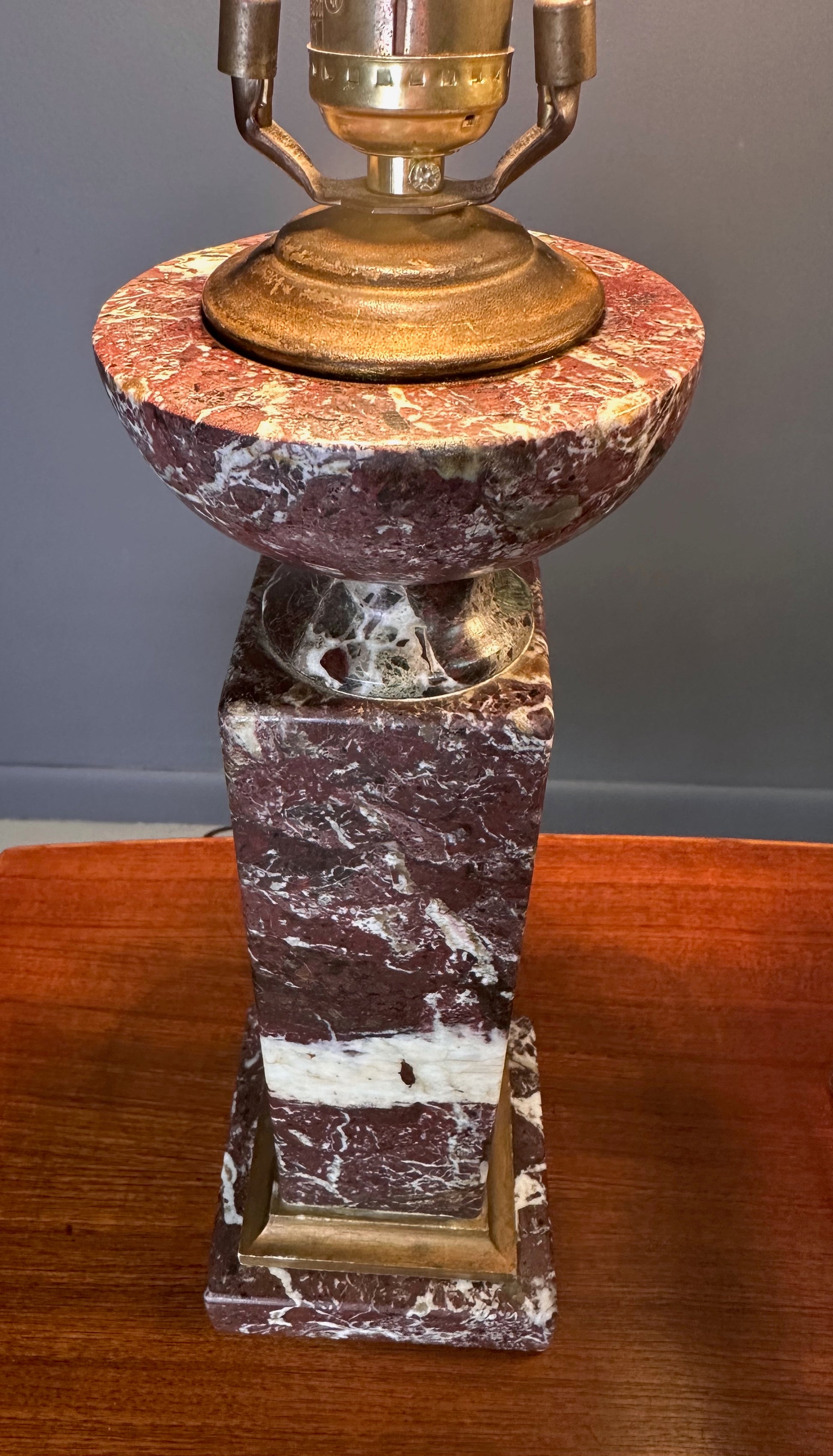 Pair of antique 19th-century French table lamps with Rouge de Rance red marble column bases, brass hardware, neoclassical design—vintage lighting for traditional home décor or luxury interiors