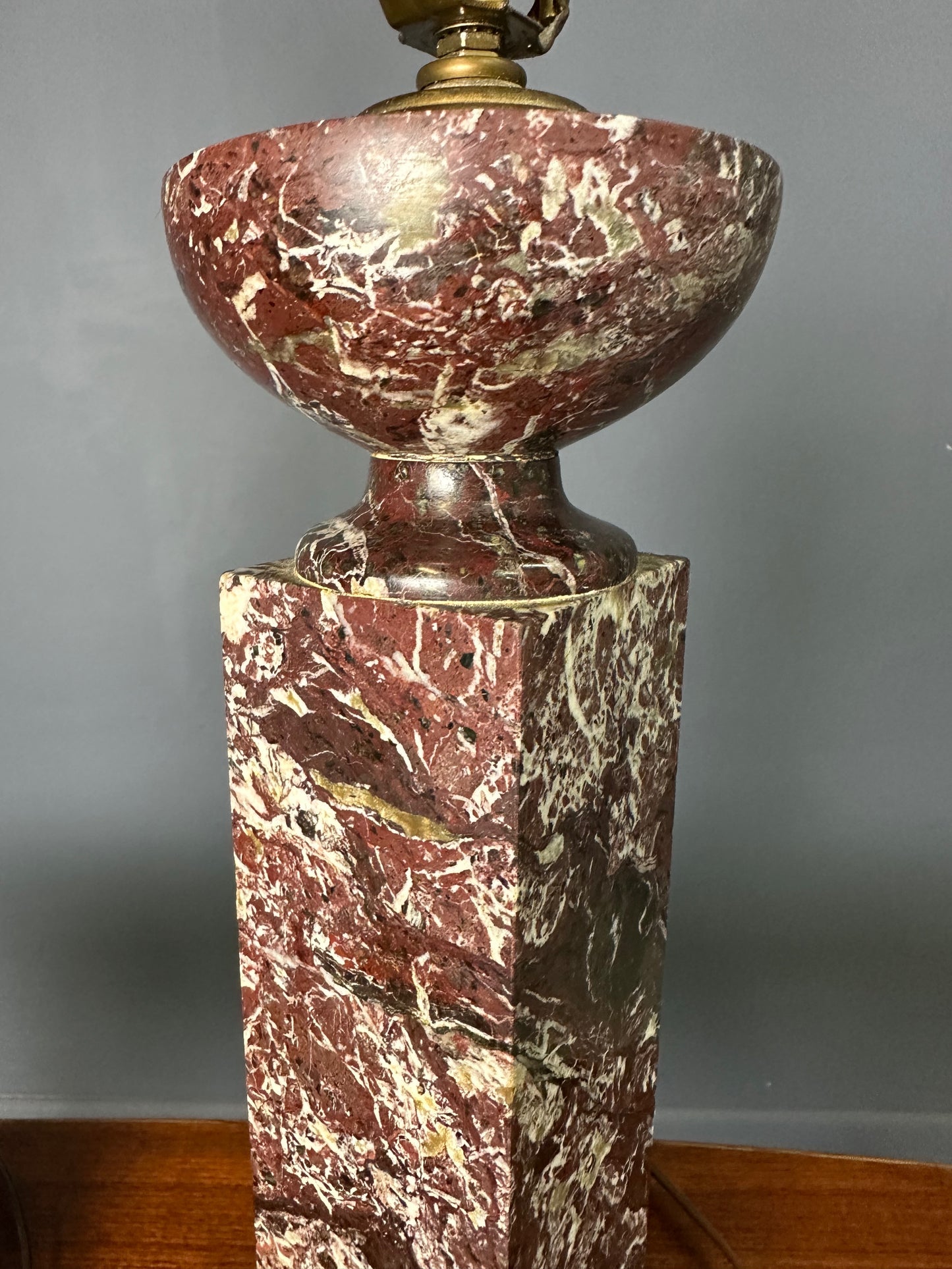 Pair of antique 19th-century French table lamps with Rouge de Rance red marble column bases, brass hardware, neoclassical design—vintage lighting for traditional home décor or luxury interiors