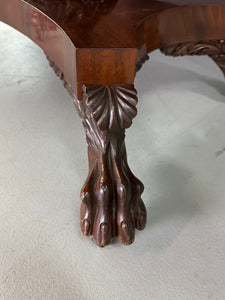 Circa 1845 Anthony Querville drop-leaf table in rich mahogany with carved pedestal base, acanthus detailing, and claw feet—classic American Empire antique furniture