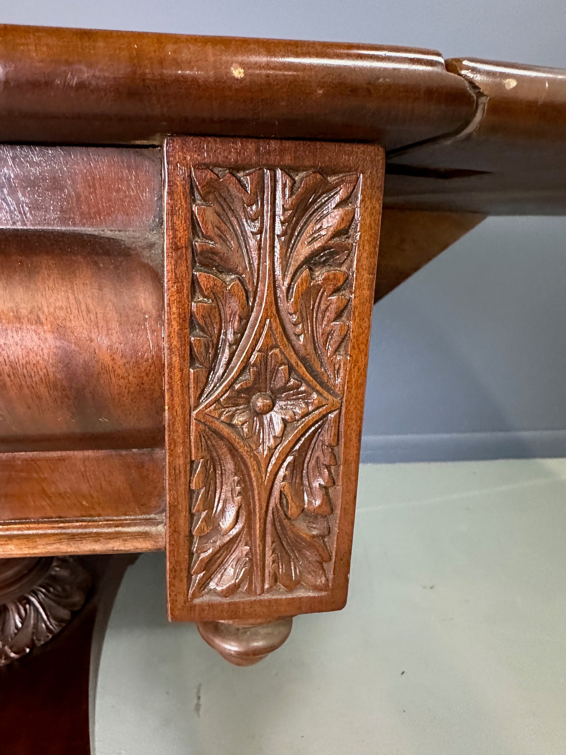 Circa 1845 Anthony Querville drop-leaf table in rich mahogany with carved pedestal base, acanthus detailing, and claw feet—classic American Empire antique furniture