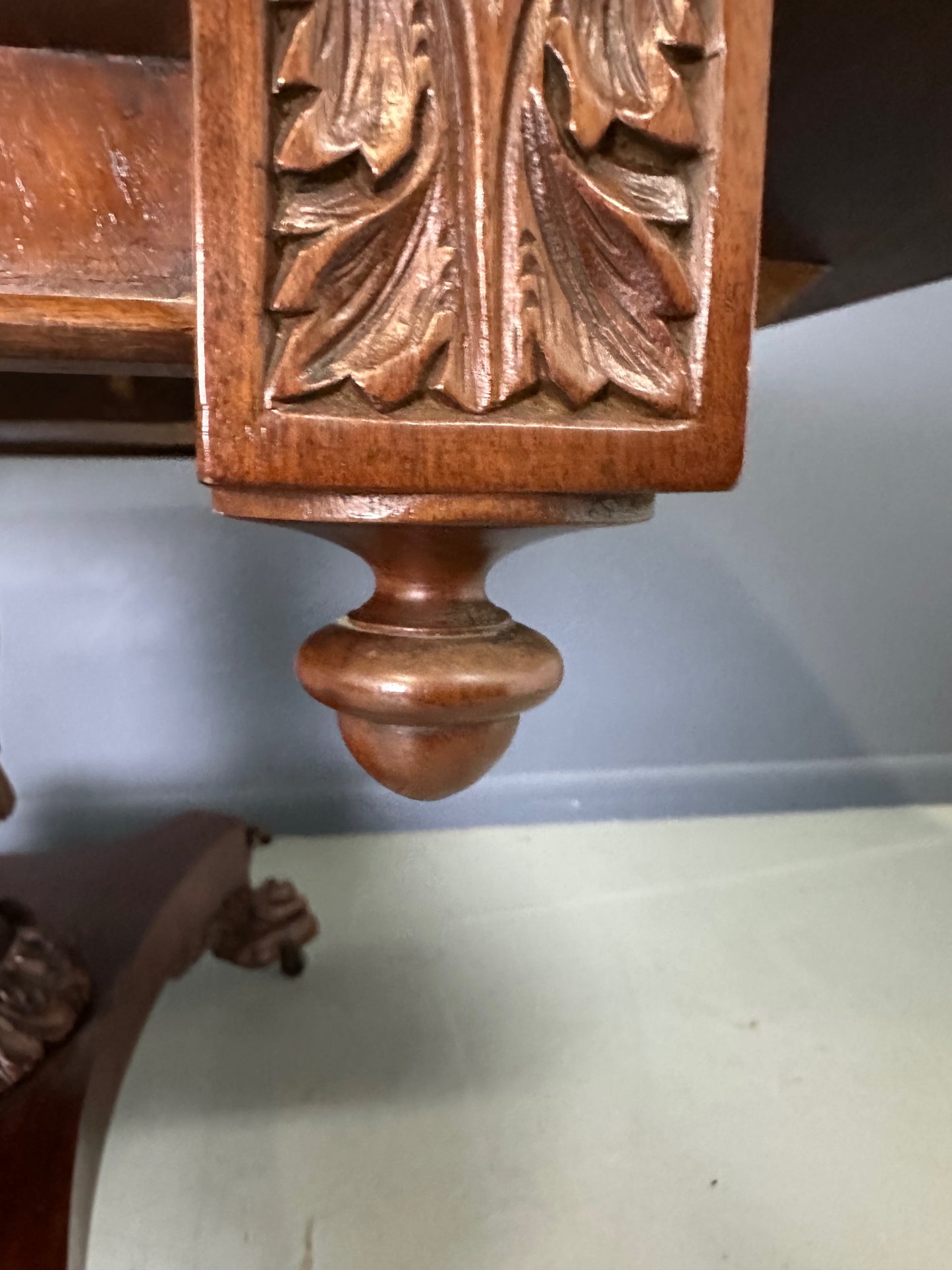 Circa 1845 Anthony Querville drop-leaf table in rich mahogany with carved pedestal base, acanthus detailing, and claw feet—classic American Empire antique furniture