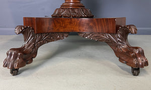 Circa 1845 Anthony Querville drop-leaf table in rich mahogany with carved pedestal base, acanthus detailing, and claw feet—classic American Empire antique furniture