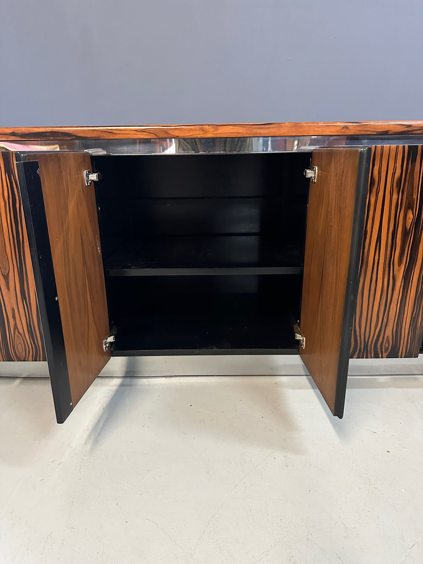 Mid-century modern sideboard with high-gloss Macassar ebony veneer and chrome accent