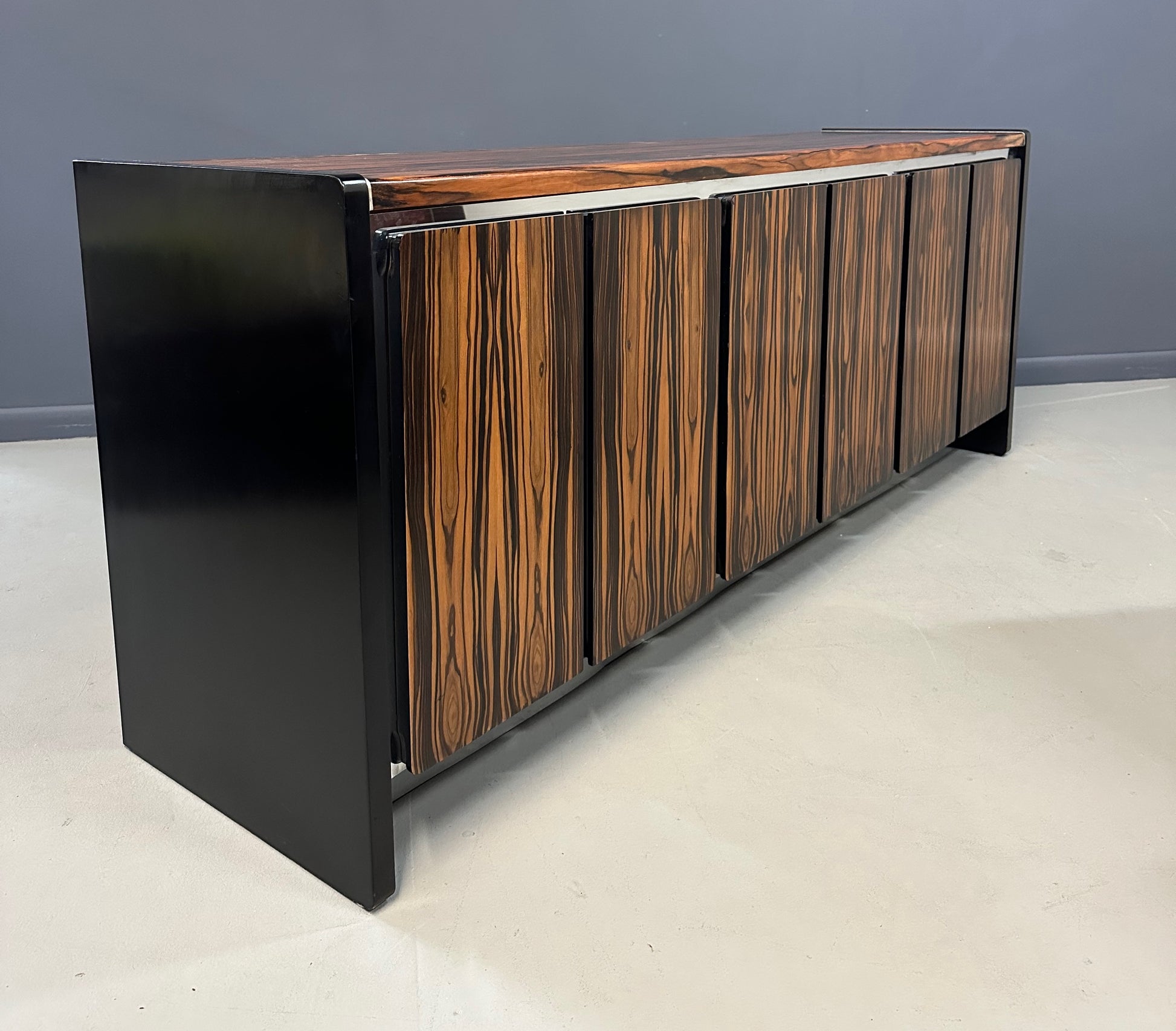 Mid-century modern sideboard with high-gloss Macassar ebony veneer and chrome accent