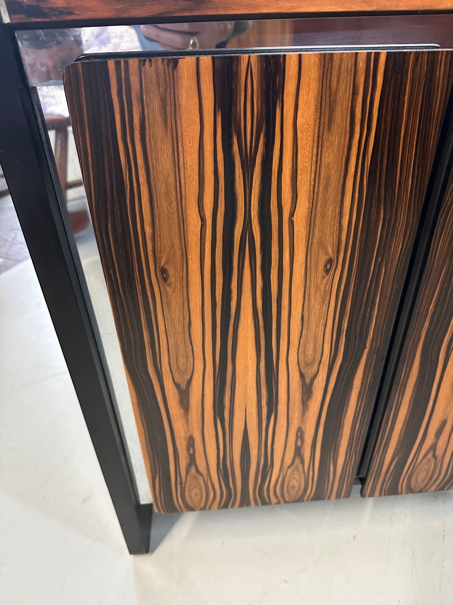 Mid-century modern sideboard with high-gloss Macassar ebony veneer and chrome accent