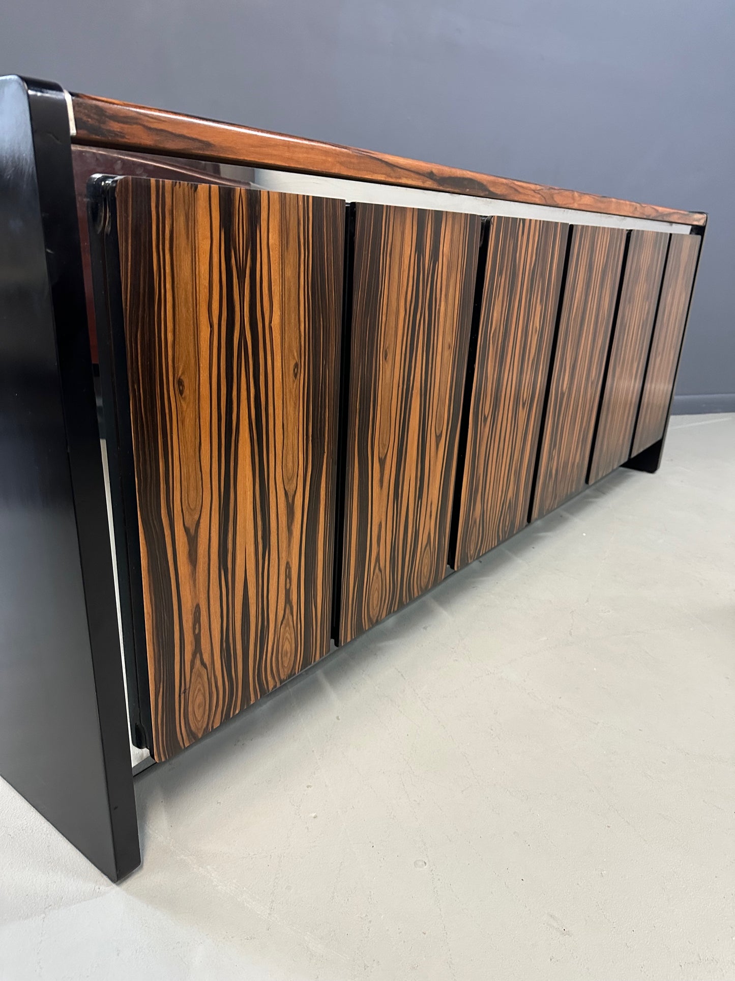 Mid-century modern sideboard with high-gloss Macassar ebony veneer and chrome accent