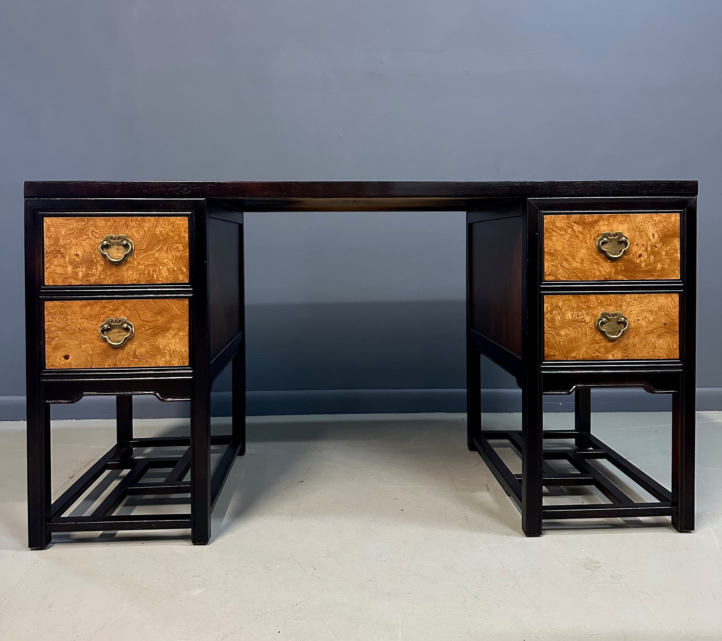 SOLD – Drexel Heritage "Tai Ming" Burl and Mahogany Desk Mid Century