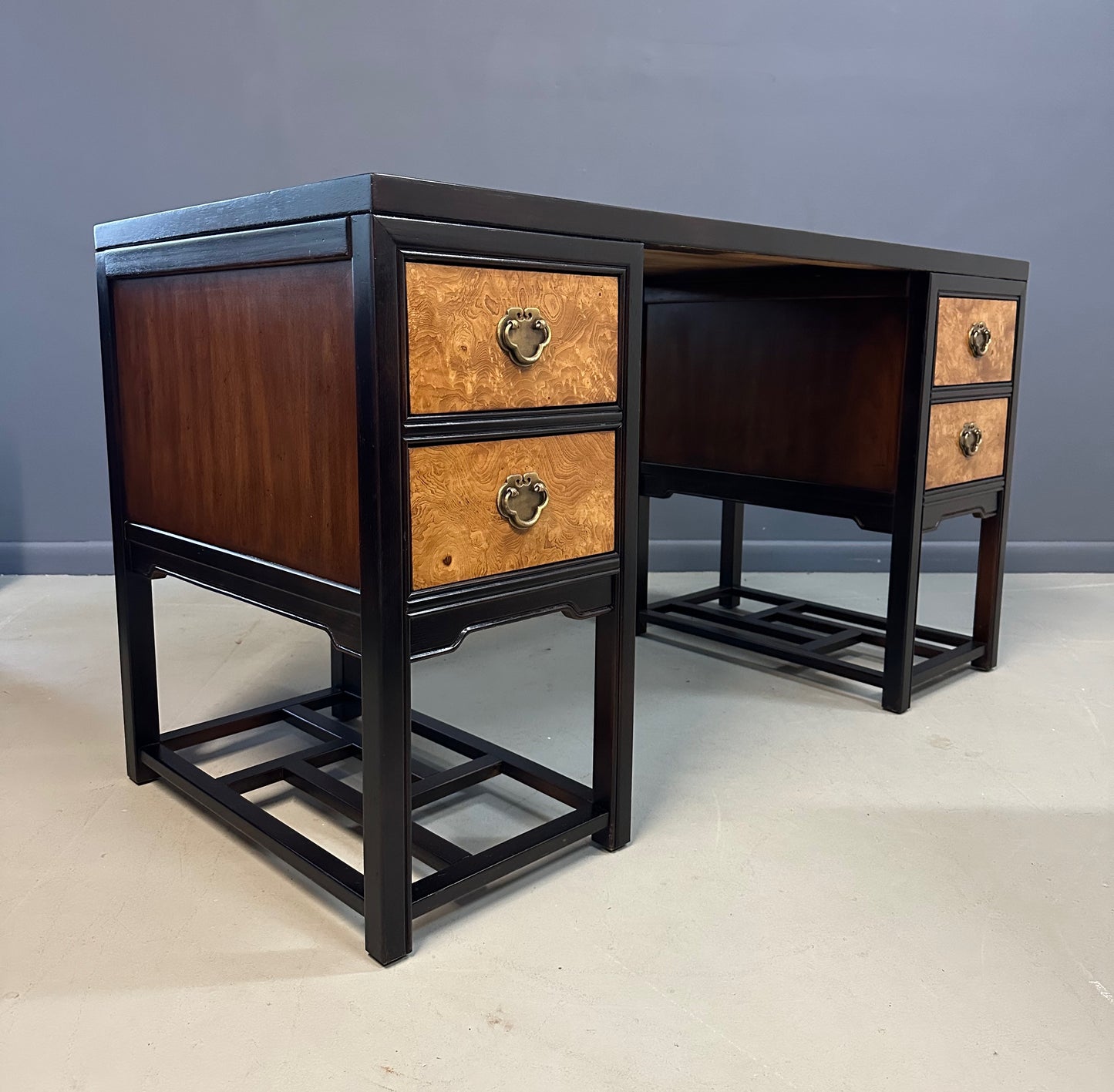 SOLD – Drexel Heritage "Tai Ming" Burl and Mahogany Desk Mid Century