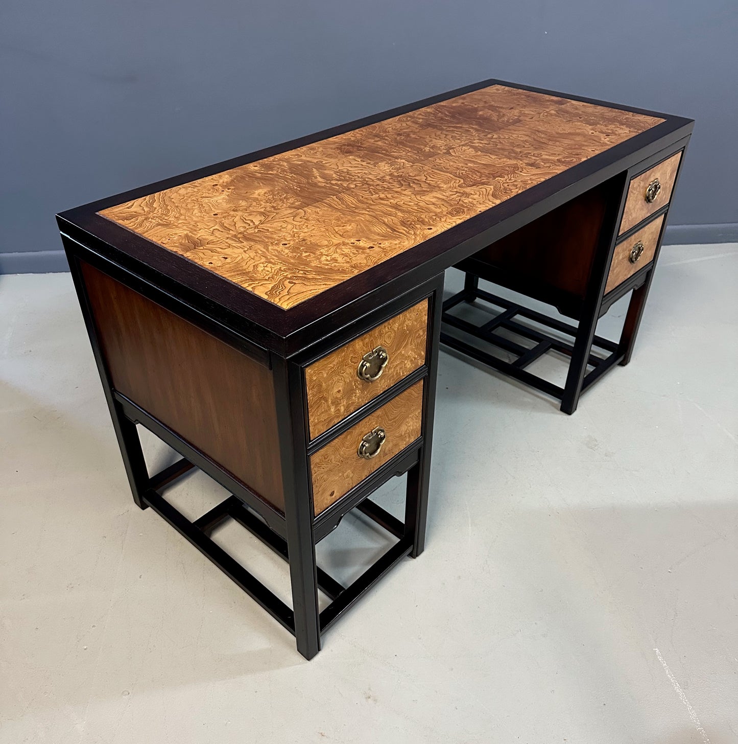 SOLD – Drexel Heritage "Tai Ming" Burl and Mahogany Desk Mid Century