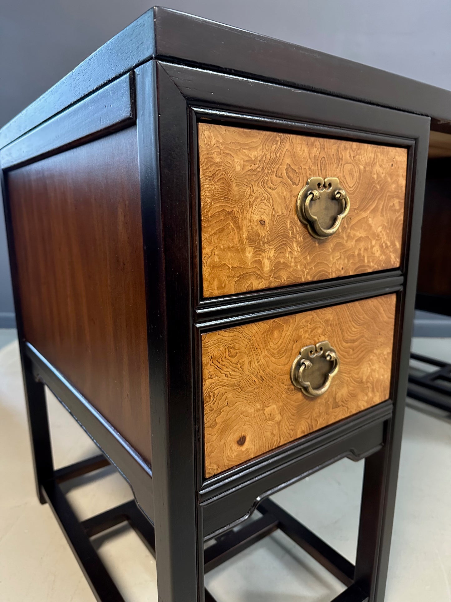 SOLD – Drexel Heritage "Tai Ming" Burl and Mahogany Desk Mid Century