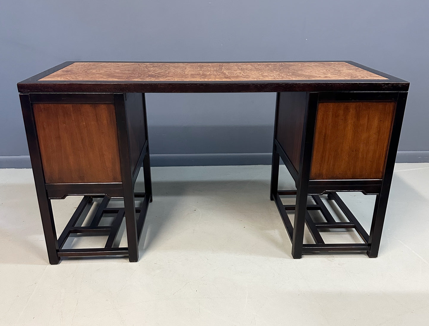 SOLD – Drexel Heritage "Tai Ming" Burl and Mahogany Desk Mid Century