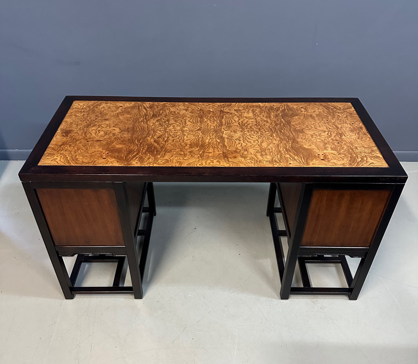 SOLD – Drexel Heritage "Tai Ming" Burl and Mahogany Desk Mid Century