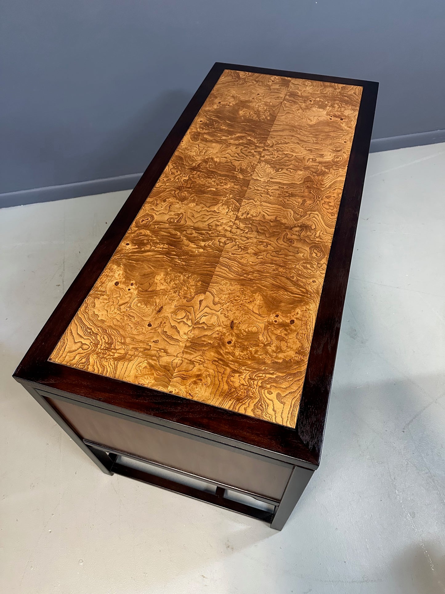 SOLD – Drexel Heritage "Tai Ming" Burl and Mahogany Desk Mid Century