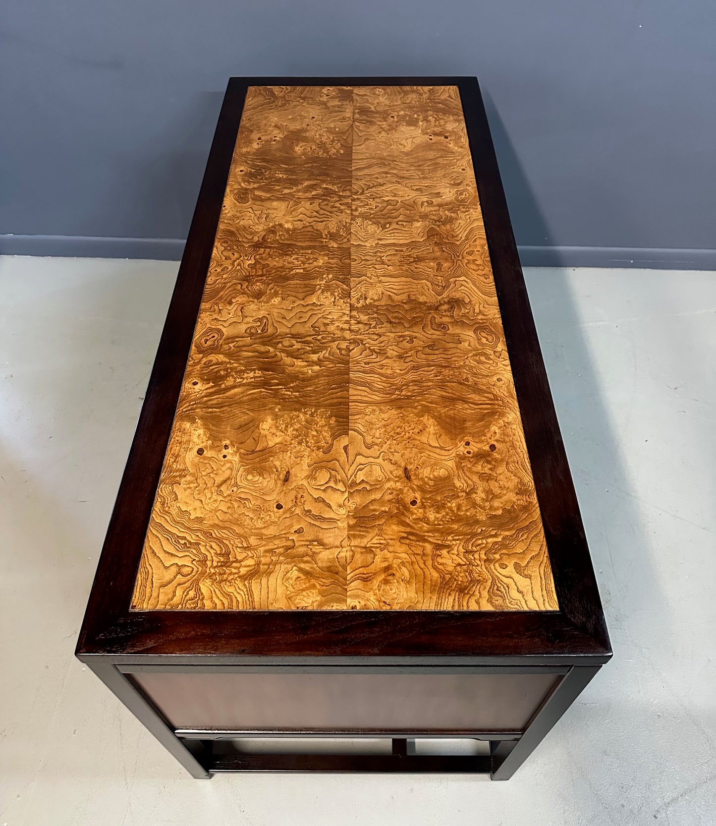 SOLD – Drexel Heritage "Tai Ming" Burl and Mahogany Desk Mid Century