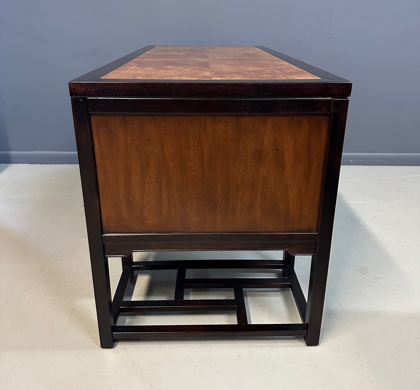 SOLD – Drexel Heritage "Tai Ming" Burl and Mahogany Desk Mid Century