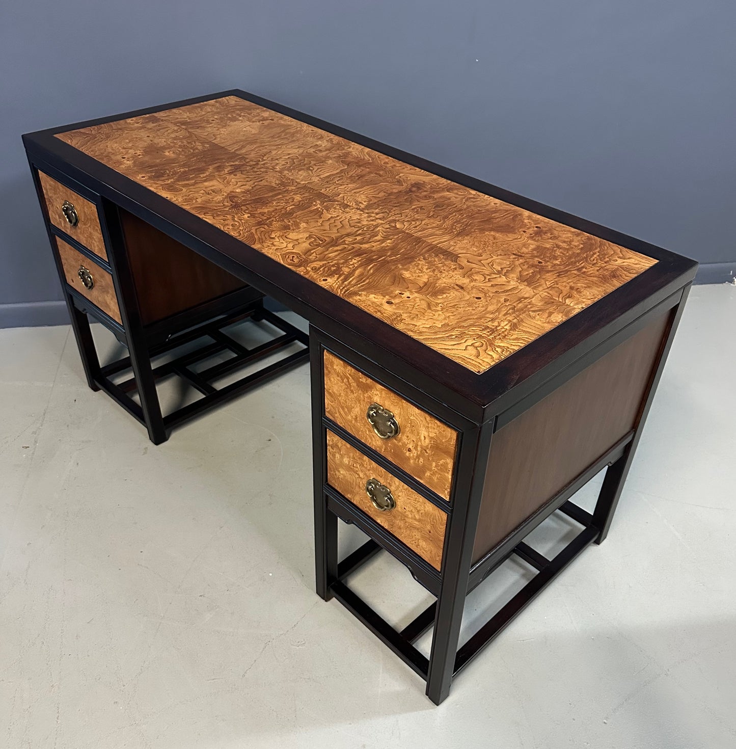 SOLD – Drexel Heritage "Tai Ming" Burl and Mahogany Desk Mid Century